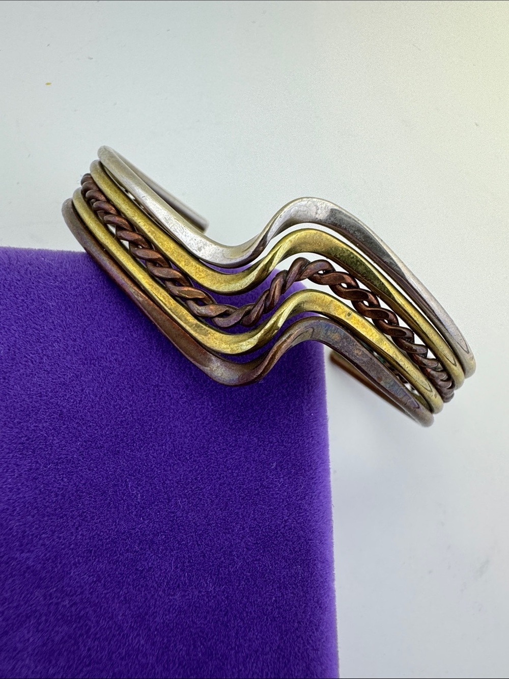 💛 Vintage Taxco Mixed Metal Wave Cuff Bracelet - Gold, Silver & Copper Tones